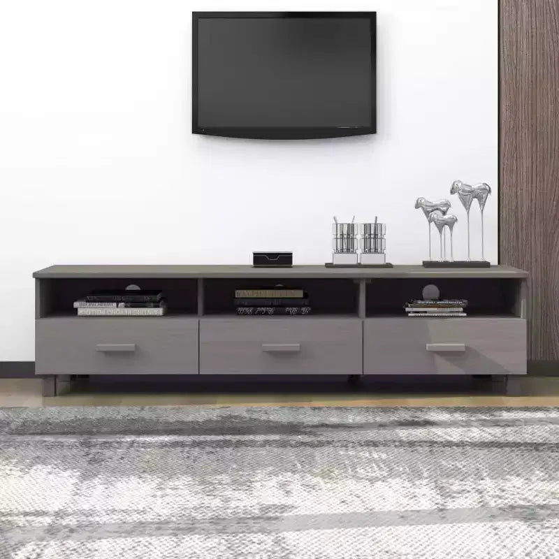 Meuble TV/Buffet Pin Gris Clair - 158 x 40 x 40 cm | Bois Massif, MDF | 3 Tiroirs, 3 Compartiments