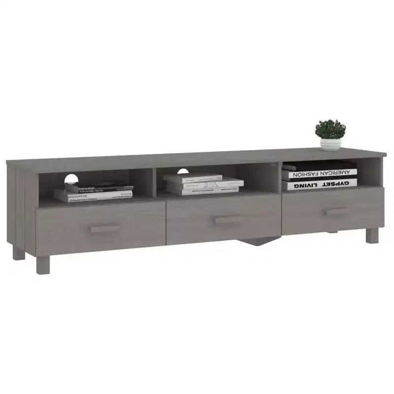 Meuble TV/Buffet Pin Gris Clair - 158 x 40 x 40 cm | Bois Massif, MDF | 3 Tiroirs, 3 Compartiments