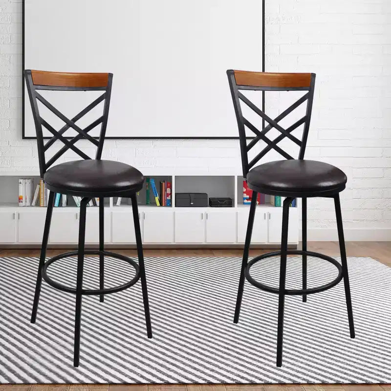 Tabouret de bar pivotant en métal avec dossier double X et siège en similicuir rembourré, espresso et noir