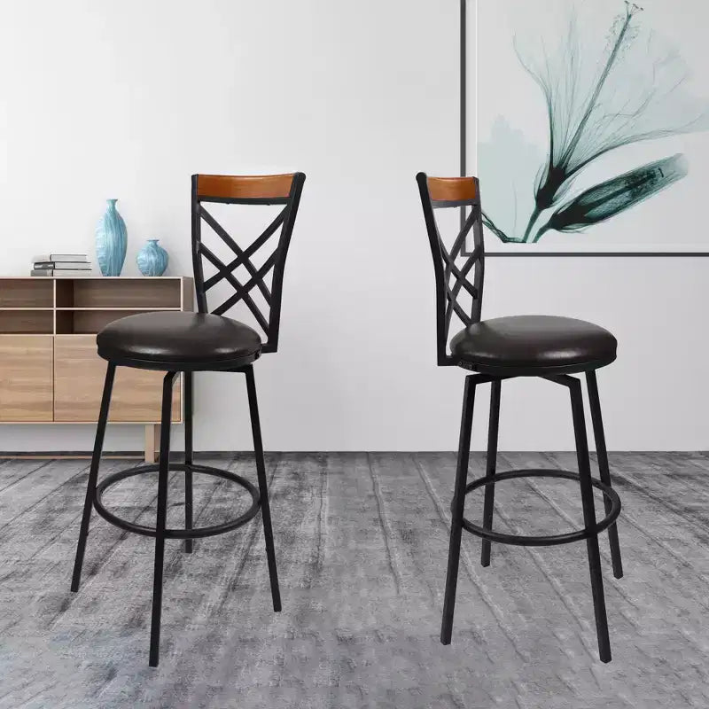 Tabouret de bar pivotant en métal avec dossier double X et siège en similicuir rembourré, espresso et noir