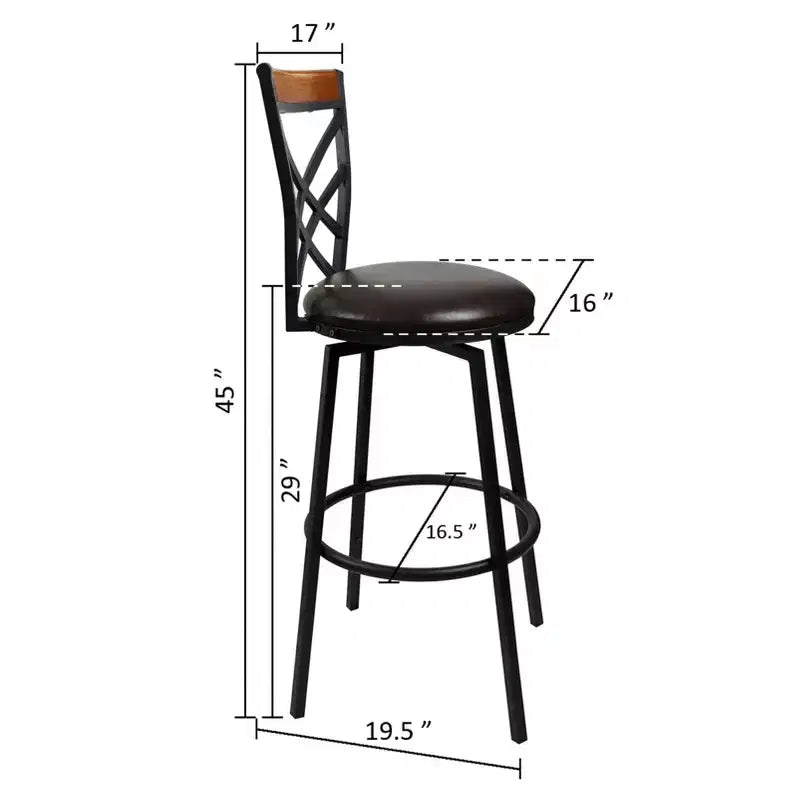 Tabouret de bar pivotant en métal avec dossier double X et siège en similicuir rembourré, espresso et noir