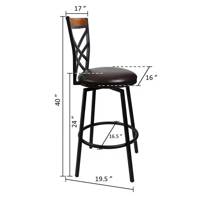 Tabouret de bar pivotant en métal avec dossier double X et siège en similicuir rembourré, espresso et noir