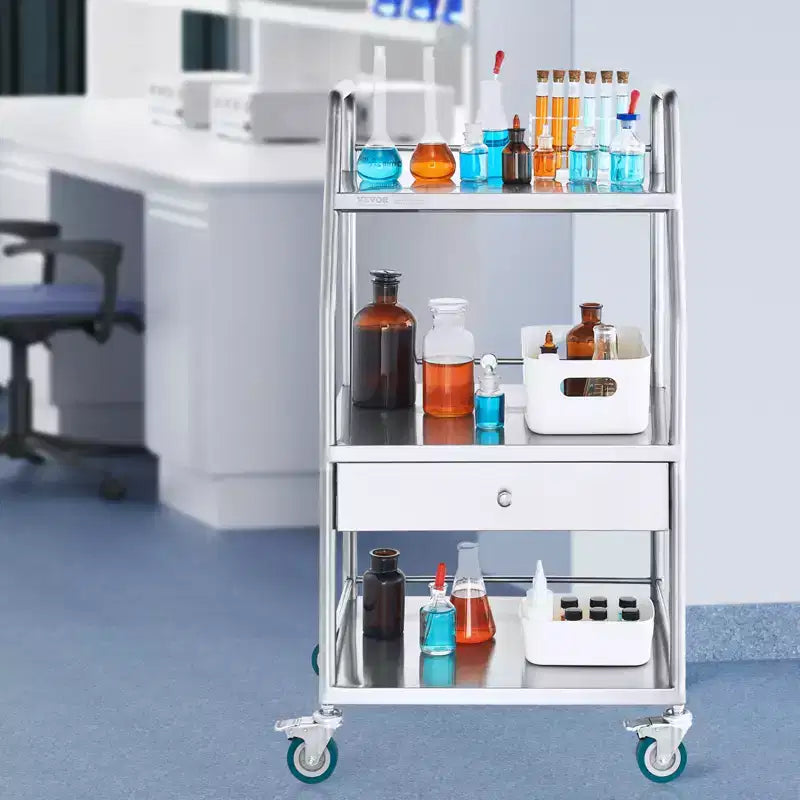 Chariot de service de laboratoire, chariot roulant utilitaire à 3 niveaux en acier inoxydable, chariot médical avec tiroir, chariot utilitaire dentaire avec roulettes verrouillables