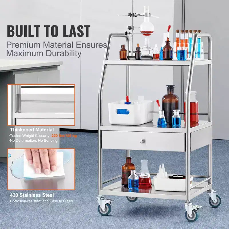 Chariot de service de laboratoire, chariot roulant utilitaire à 3 niveaux en acier inoxydable, chariot médical avec tiroir, chariot utilitaire dentaire avec roulettes verrouillables