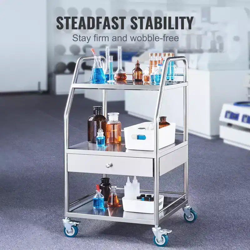 Chariot de service de laboratoire, chariot roulant utilitaire à 3 niveaux en acier inoxydable, chariot médical avec tiroir, chariot utilitaire dentaire avec roulettes verrouillables