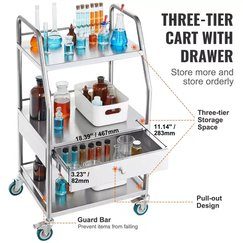 Chariot de service de laboratoire, chariot roulant utilitaire à 3 niveaux en acier inoxydable, chariot médical avec tiroir, chariot utilitaire dentaire avec roulettes verrouillables