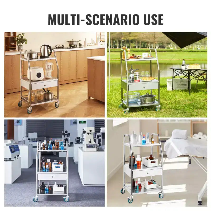 Chariot de service de laboratoire, chariot roulant utilitaire à 3 niveaux en acier inoxydable, chariot médical avec tiroir, chariot utilitaire dentaire avec roulettes verrouillables
