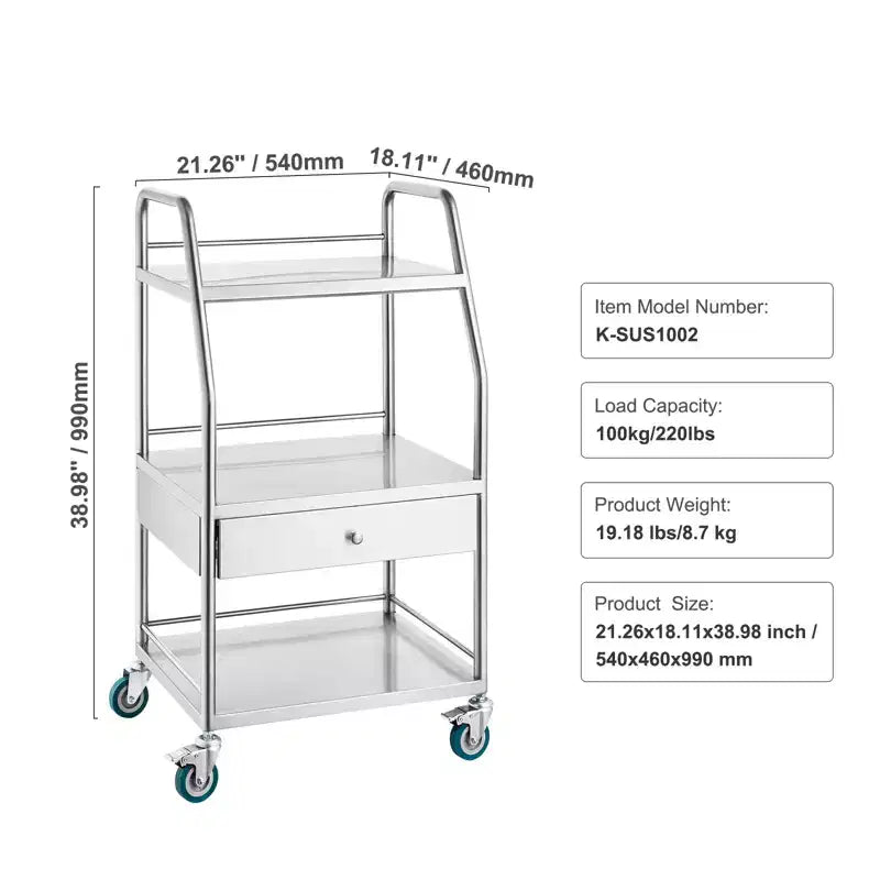 Chariot de service de laboratoire, chariot roulant utilitaire à 3 niveaux en acier inoxydable, chariot médical avec tiroir, chariot utilitaire dentaire avec roulettes verrouillables