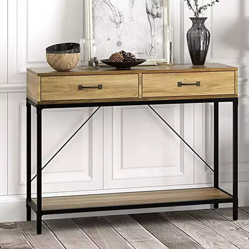 Console Rustique avec 2 Tiroirs et Étagère de Rangement pour Salon, Maison, Base Noire