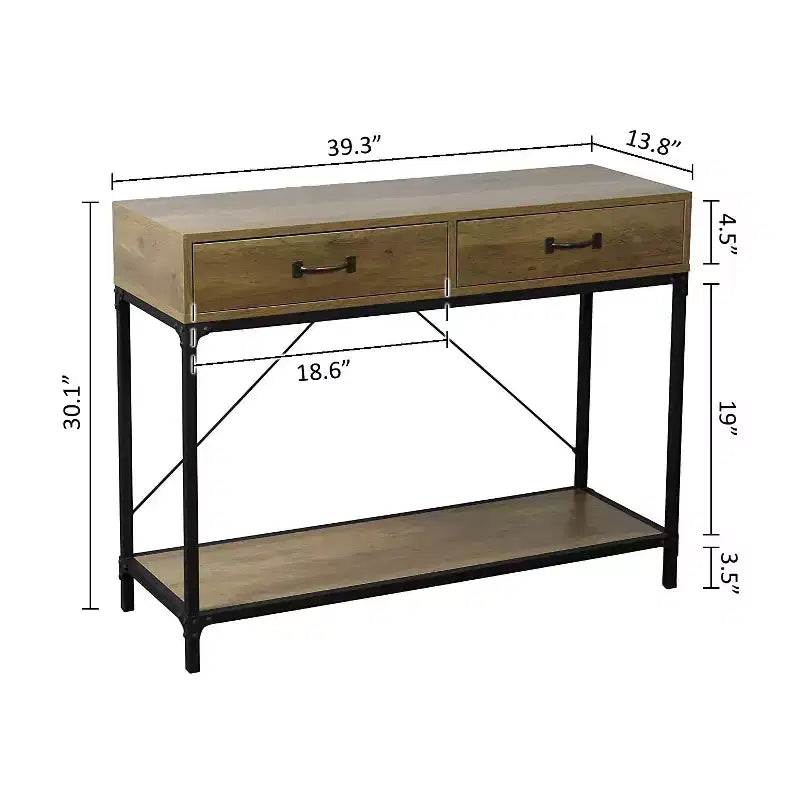 Console Rustique avec 2 Tiroirs et Étagère de Rangement pour Salon, Maison, Base Noire