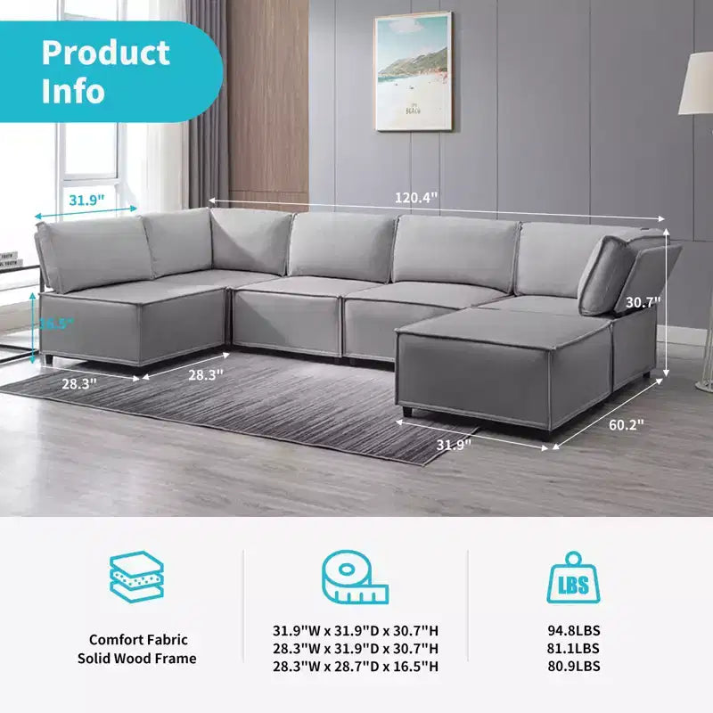 Canapé modulaire sectionnel en U ou en L avec pouf, grand canapé-lit moderne convertible et réversible