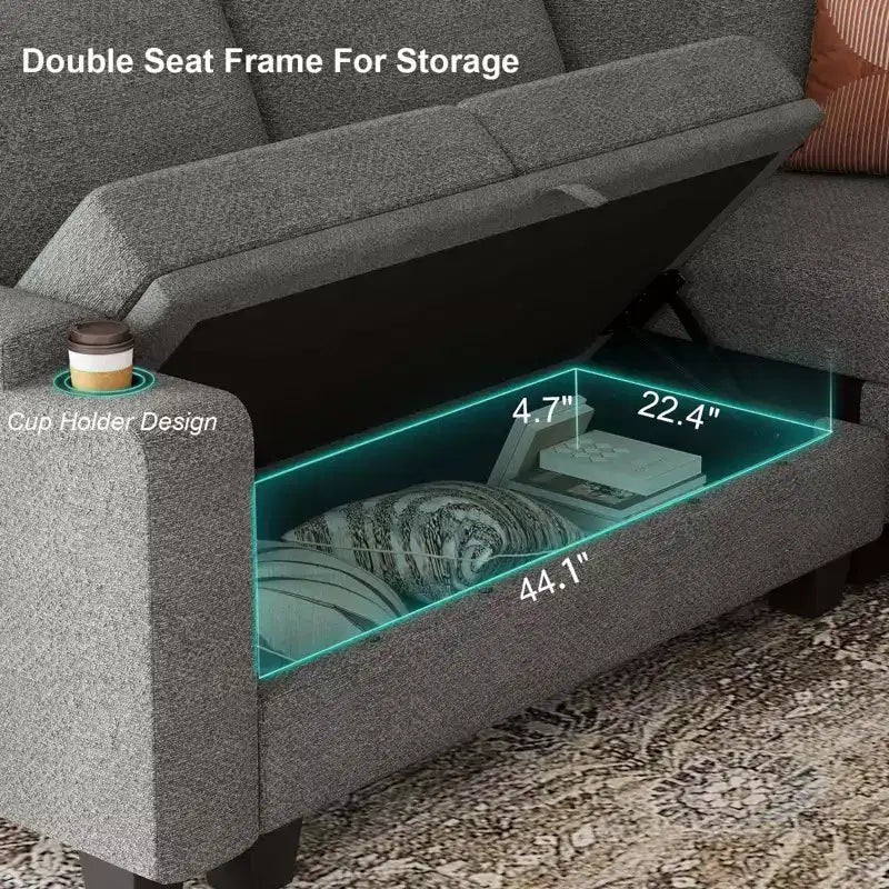 Canapé d'angle en tissu - Modulaire avec rangement intégré et porte-gobelet amovible