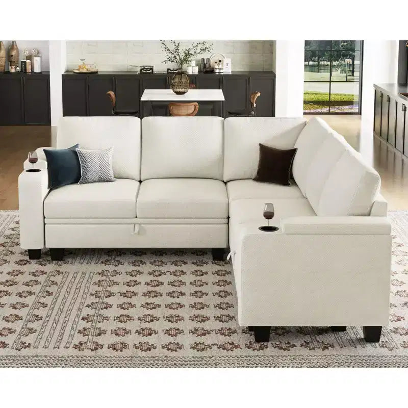 Canapé d'angle en tissu - Modulaire avec rangement intégré et porte-gobelet amovible