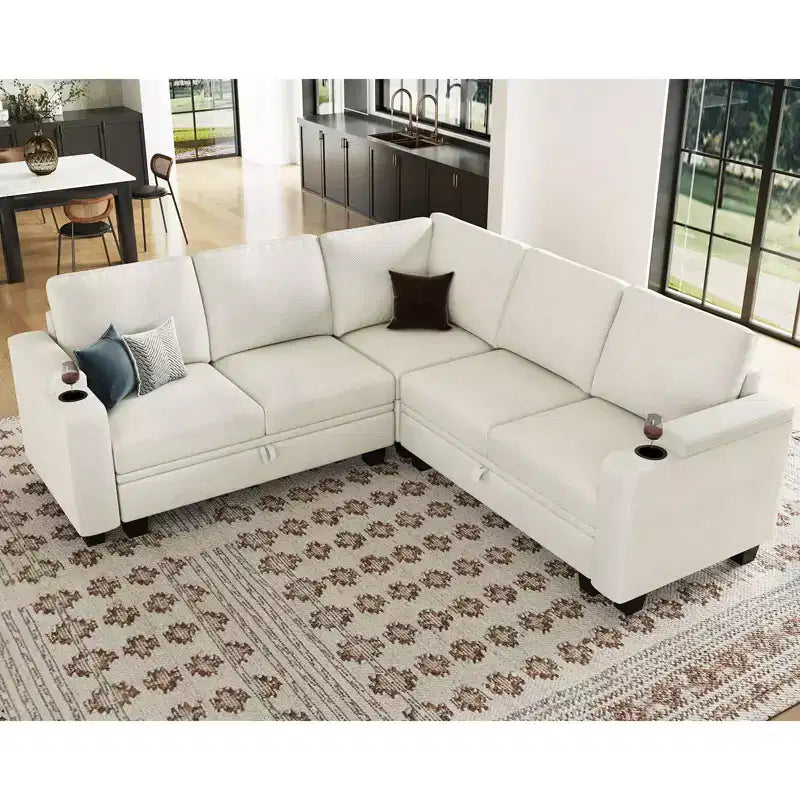 Canapé d'angle en tissu - Modulaire avec rangement intégré et porte-gobelet amovible