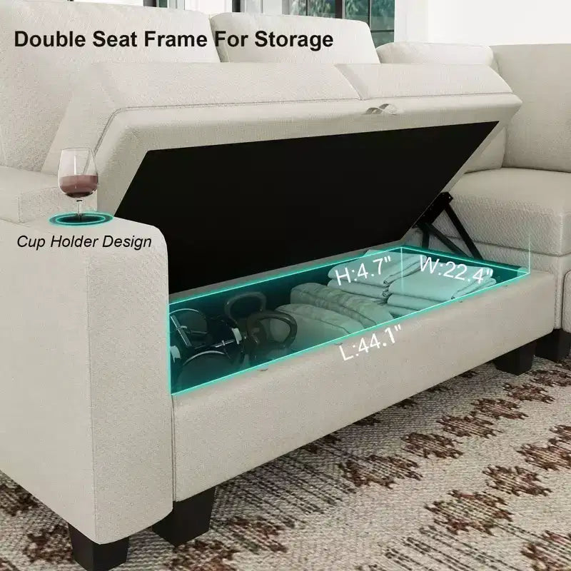 Canapé d'angle en tissu - Modulaire avec rangement intégré et porte-gobelet amovible