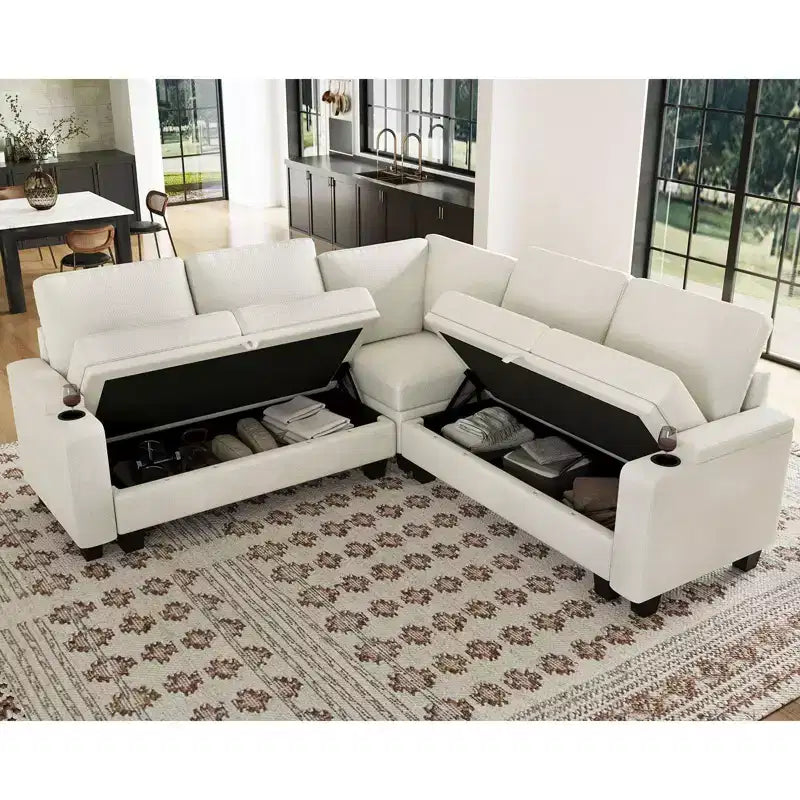 Canapé d'angle en tissu - Modulaire avec rangement intégré et porte-gobelet amovible