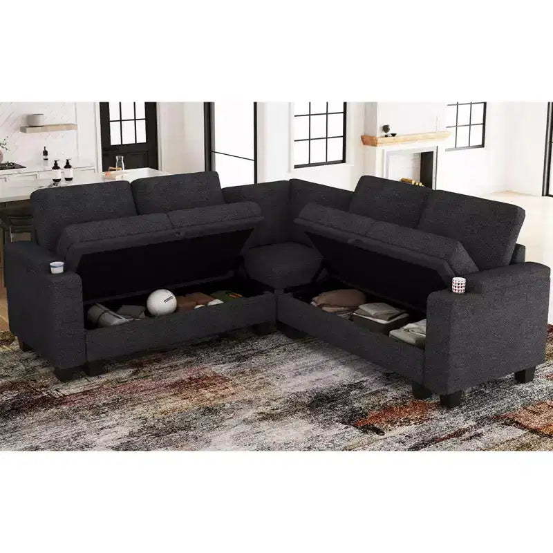 Canapé d'angle en tissu - Modulaire avec rangement intégré et porte-gobelet amovible