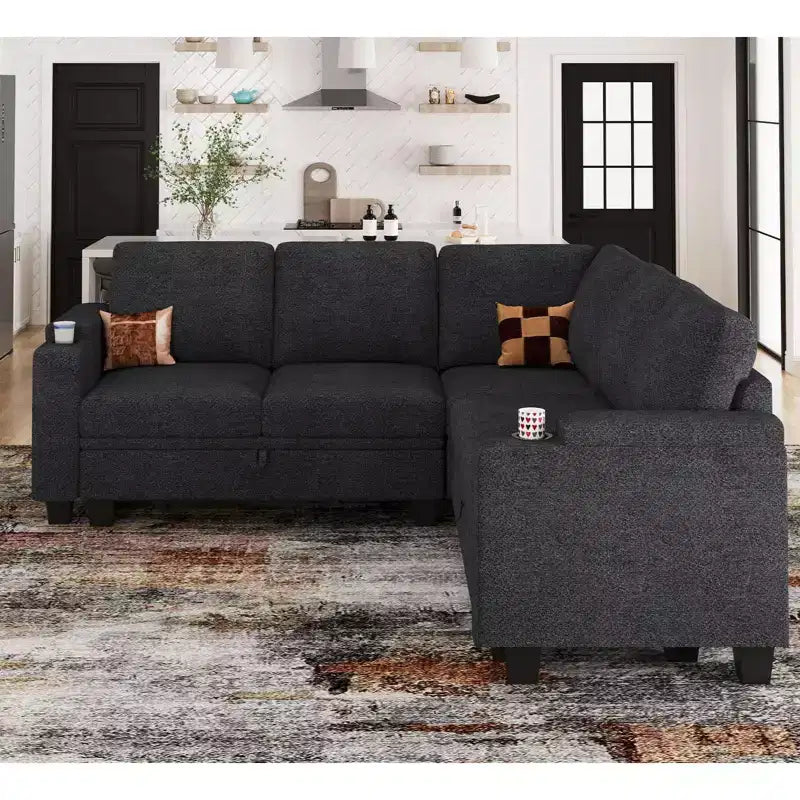 Canapé d'angle en tissu - Modulaire avec rangement intégré et porte-gobelet amovible