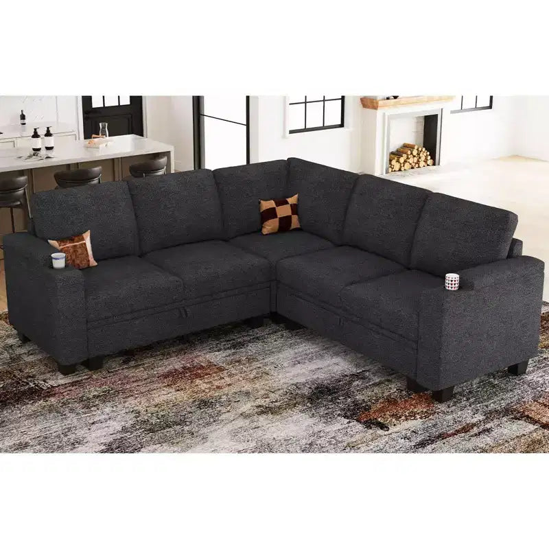 Canapé d'angle en tissu - Modulaire avec rangement intégré et porte-gobelet amovible