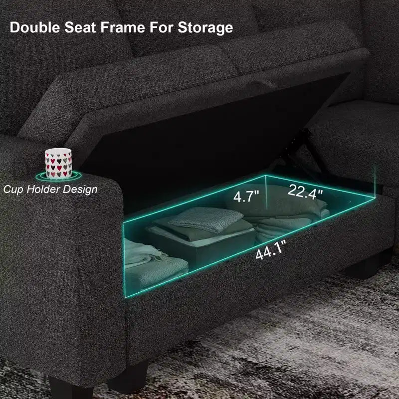 Canapé d'angle en tissu - Modulaire avec rangement intégré et porte-gobelet amovible