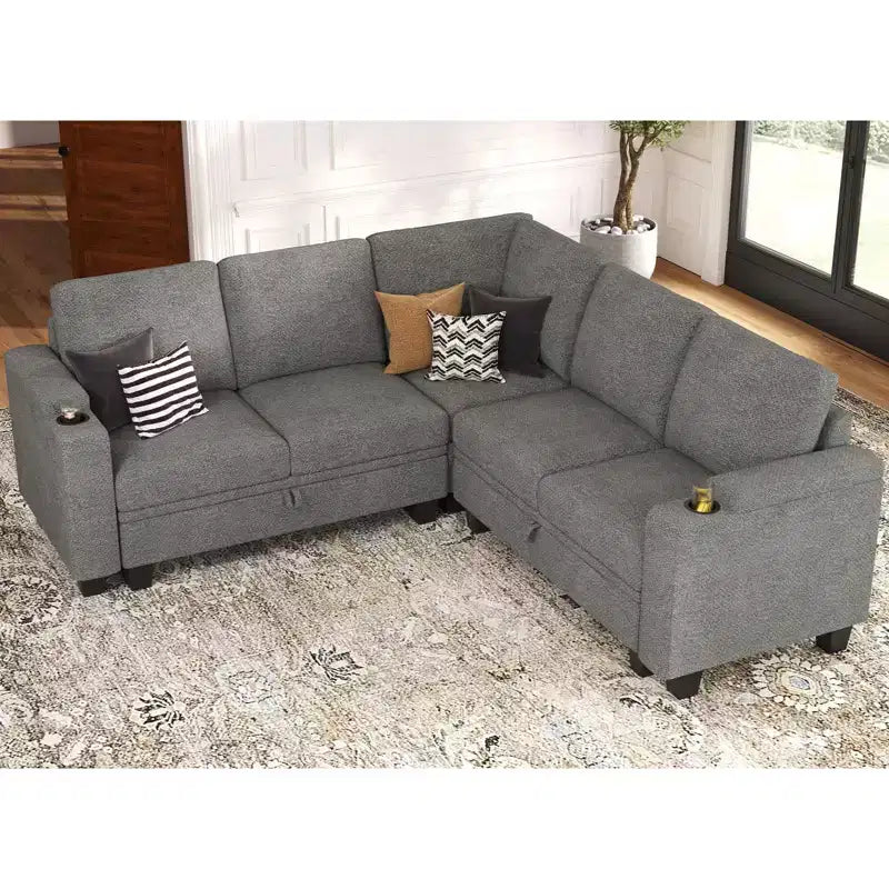 Canapé d'angle en tissu - Modulaire avec rangement intégré et porte-gobelet amovible