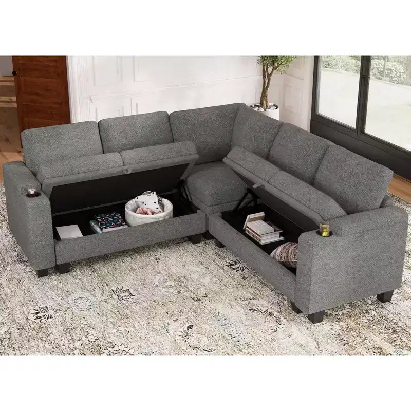 Canapé d'angle en tissu - Modulaire avec rangement intégré et porte-gobelet amovible