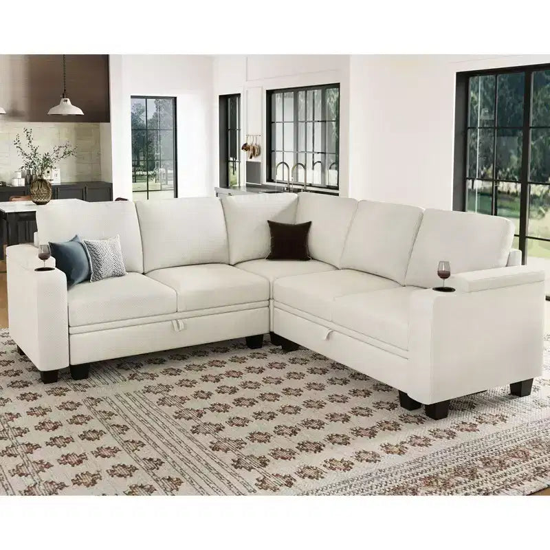 Canapé d'angle en tissu - Modulaire avec rangement intégré et porte-gobelet amovible