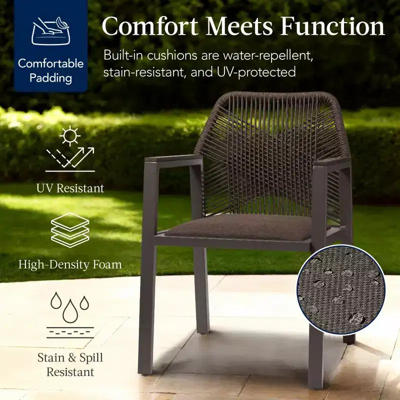 Chaises de salle à manger en corde tressée d'aluminium, avec accoudoirs, pour l'intérieur et l'extérieur