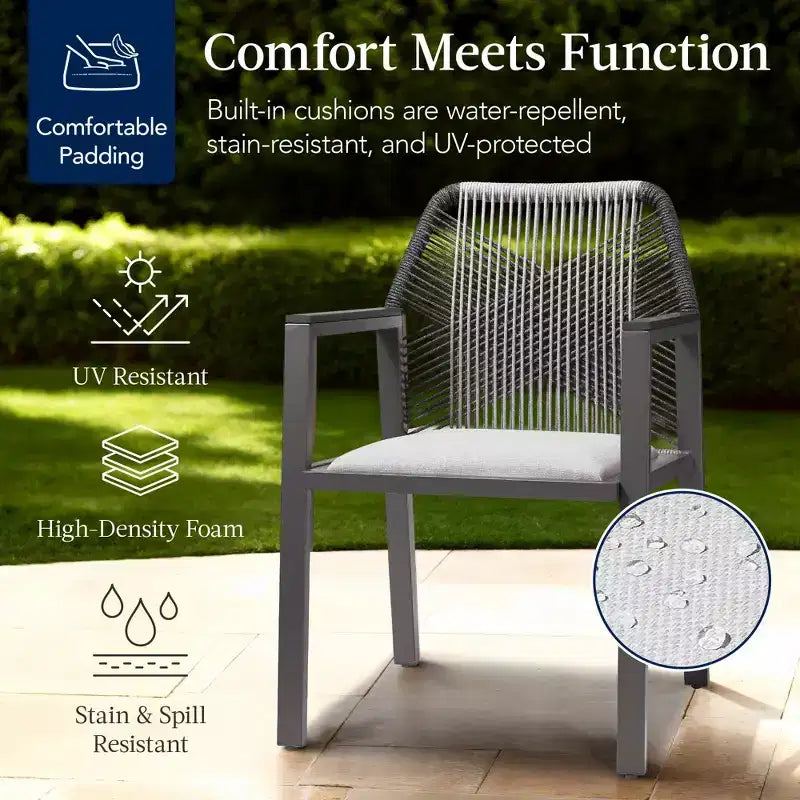 Chaises de salle à manger en corde tressée d'aluminium, avec accoudoirs, pour l'intérieur et l'extérieur