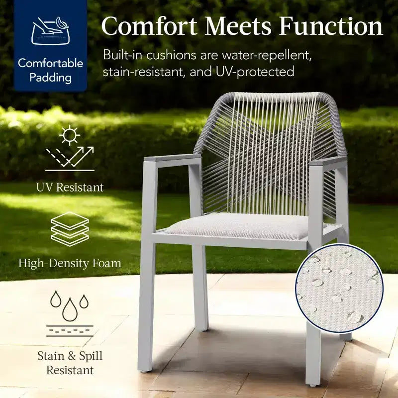 Chaises de salle à manger en corde tressée d'aluminium, avec accoudoirs, pour l'intérieur et l'extérieur