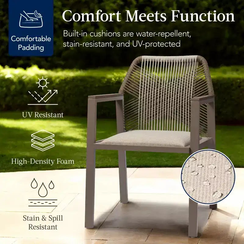 Chaises de salle à manger en corde tressée d'aluminium, avec accoudoirs, pour l'intérieur et l'extérieur