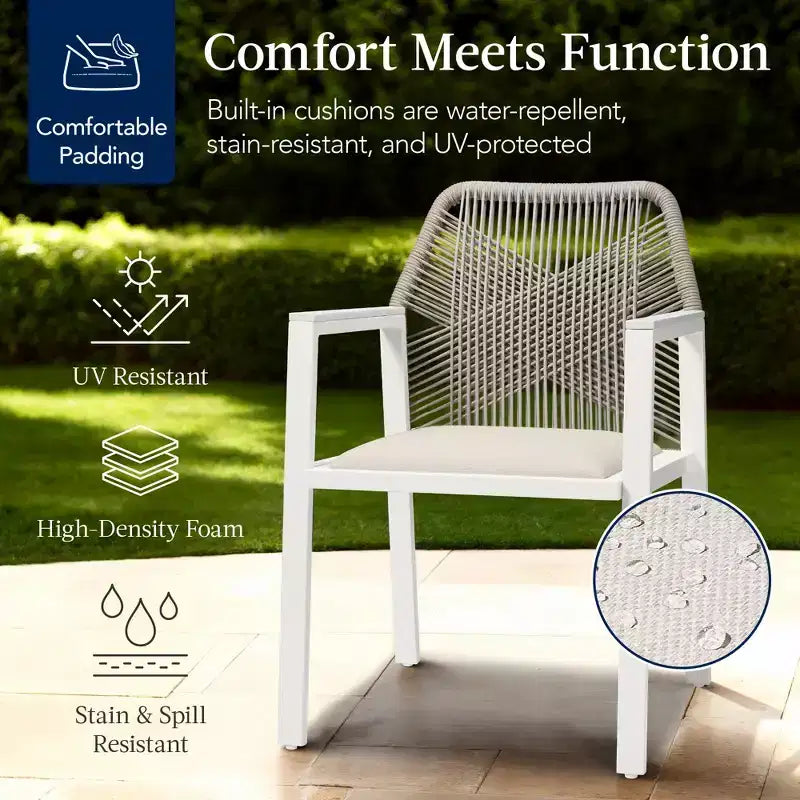 Chaises de salle à manger en corde tressée d'aluminium, avec accoudoirs, pour l'intérieur et l'extérieur