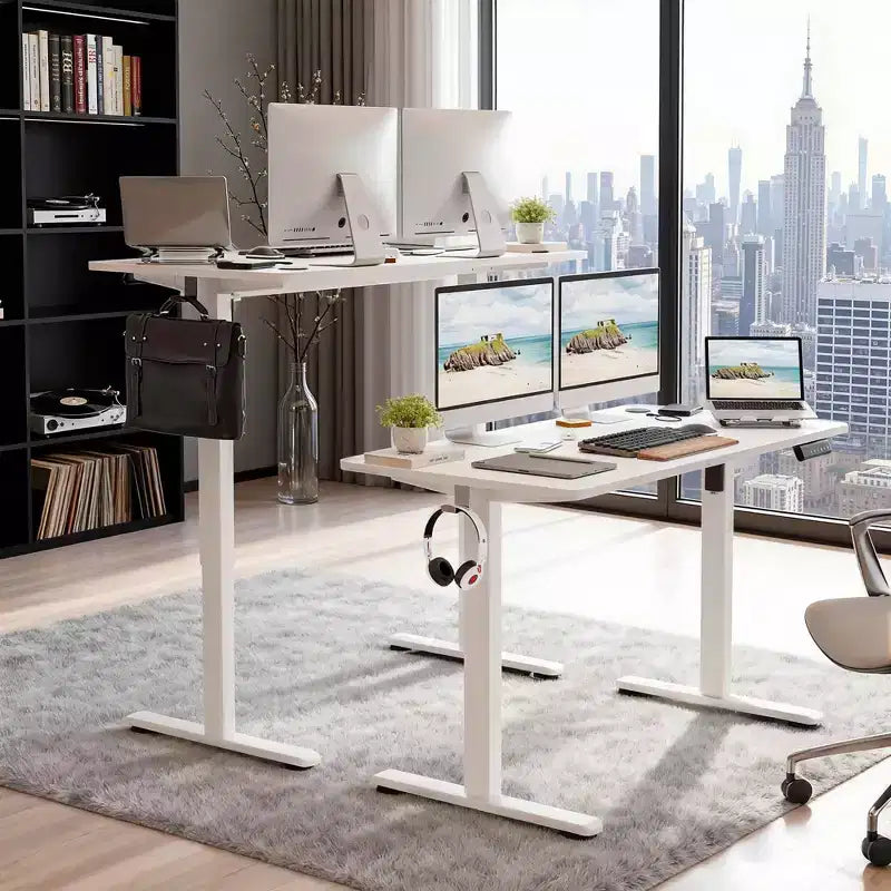 Bureau électrique debout blanc 48x24 - Plateau en deux parties, réglage électrique de la hauteur