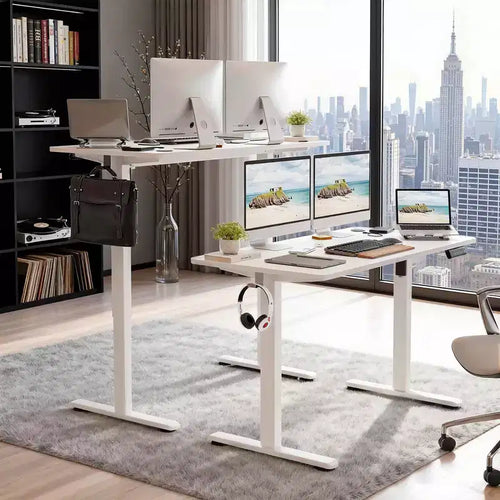 Bureau électrique debout blanc 48x24 - Plateau en deux parties, réglage électrique de la hauteur