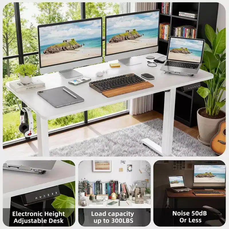 Bureau électrique debout blanc 48x24 - Plateau en deux parties, réglage électrique de la hauteur