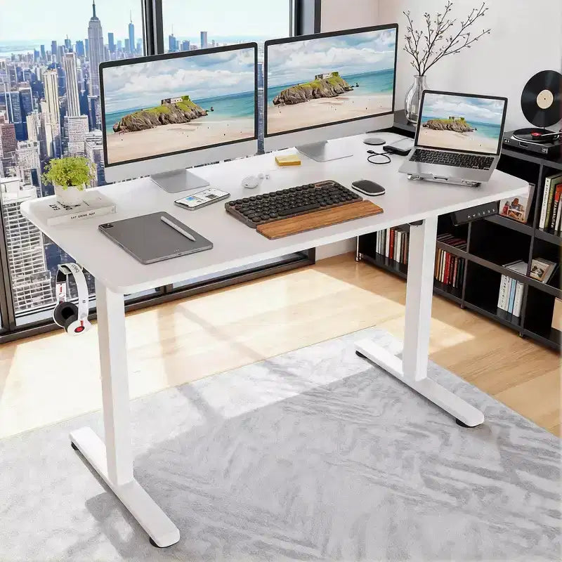 Bureau électrique debout blanc 48x24 - Plateau en deux parties, réglage électrique de la hauteur