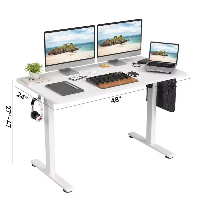 Bureau électrique debout blanc 48x24 - Plateau en deux parties, réglage électrique de la hauteur