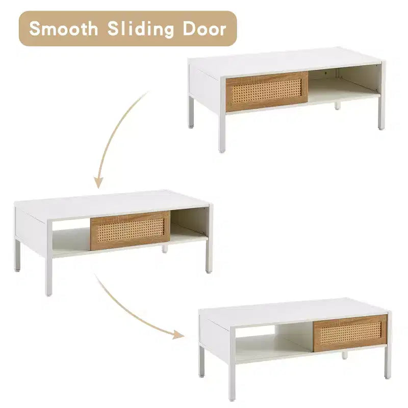 Table basse en rotin blanc 40,16 po avec porte coulissante et pieds en métal pour salon moderne