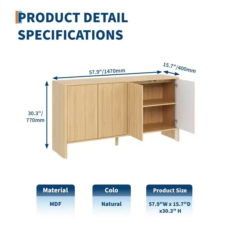 Bahut de buffet avec rangement, buffet cannelé de 58 po avec 4 portes et étagères réglables, table de buffet en bois