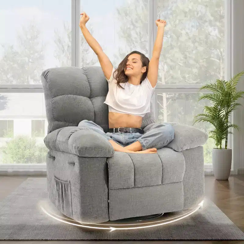 Fauteuil inclinable à bascule, fauteuil à bascule pivotant à 360° pour le salon, fauteuil de crèche rembourré en tissu avec poches latérales pour les petits espaces