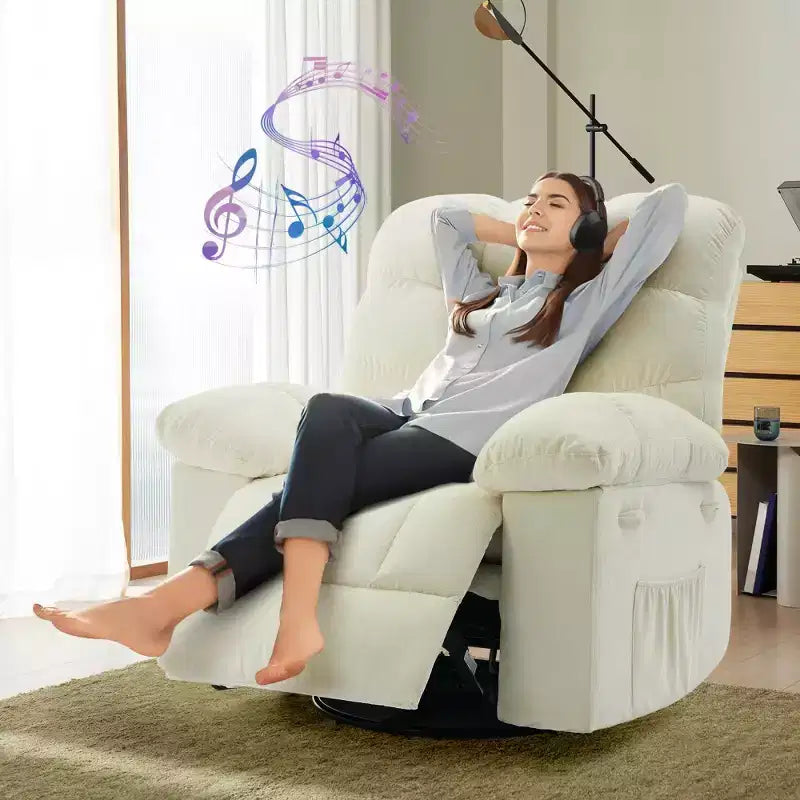 Fauteuil inclinable à bascule, fauteuil à bascule pivotant à 360° pour le salon, fauteuil de crèche rembourré en tissu avec poches latérales pour les petits espaces