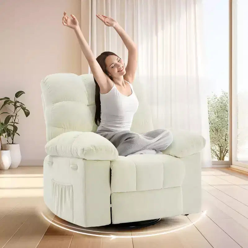 Fauteuil inclinable à bascule, fauteuil à bascule pivotant à 360° pour le salon, fauteuil de crèche rembourré en tissu avec poches latérales pour les petits espaces