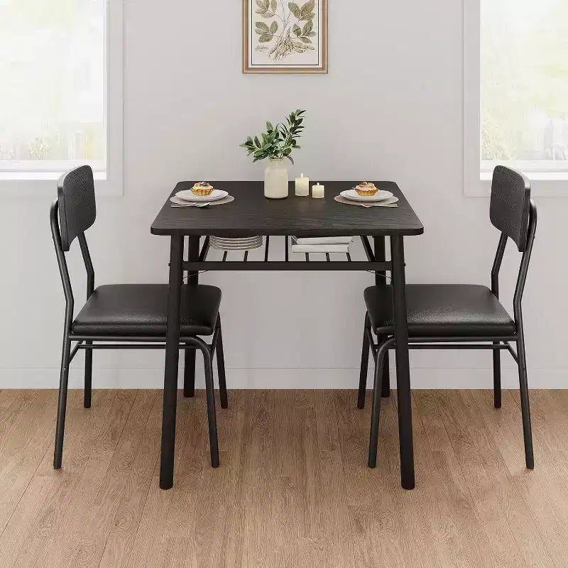 Ensemble de salle à manger 3 pièces pour 2 personnes avec table carrée, étagère de rangement, cadre métallique et chaises rembourrées, parfait pour les petits espaces, les appartements et les cuisines.