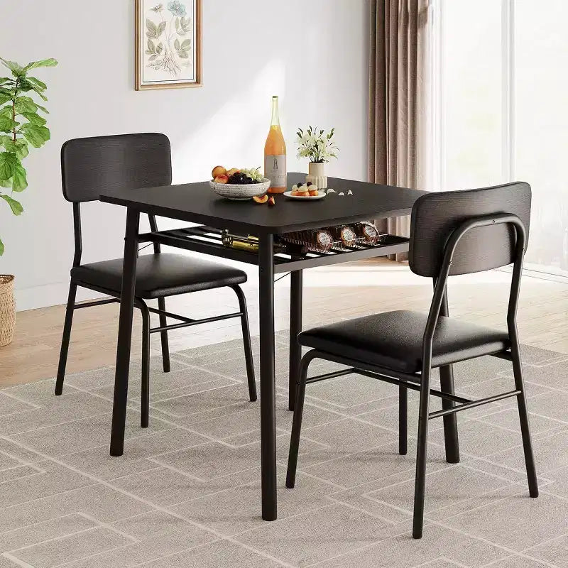 Ensemble de salle à manger 3 pièces pour 2 personnes avec table carrée, étagère de rangement, cadre métallique et chaises rembourrées, parfait pour les petits espaces, les appartements et les cuisines.