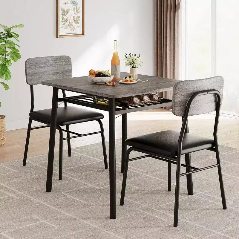 Ensemble de salle à manger 3 pièces pour 2 personnes avec table carrée, étagère de rangement, cadre métallique et chaises rembourrées, parfait pour les petits espaces, les appartements et les cuisines.