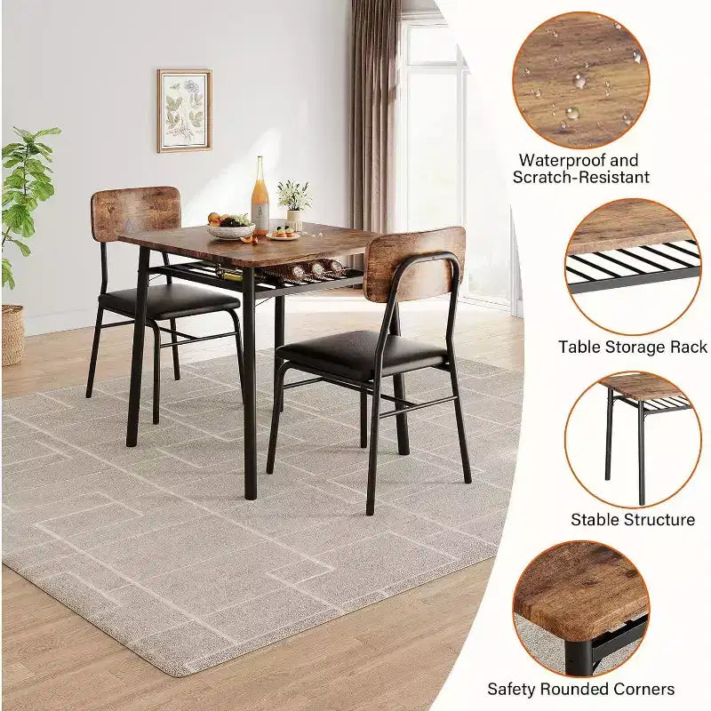Ensemble de salle à manger 3 pièces pour 2 personnes avec table carrée, étagère de rangement, cadre métallique et chaises rembourrées, parfait pour les petits espaces, les appartements et les cuisines.