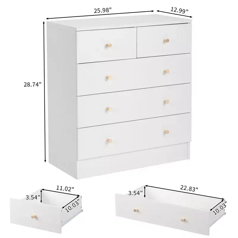 Commode blanche en panneau de particules à 5 tiroirs de 66 cm de large
