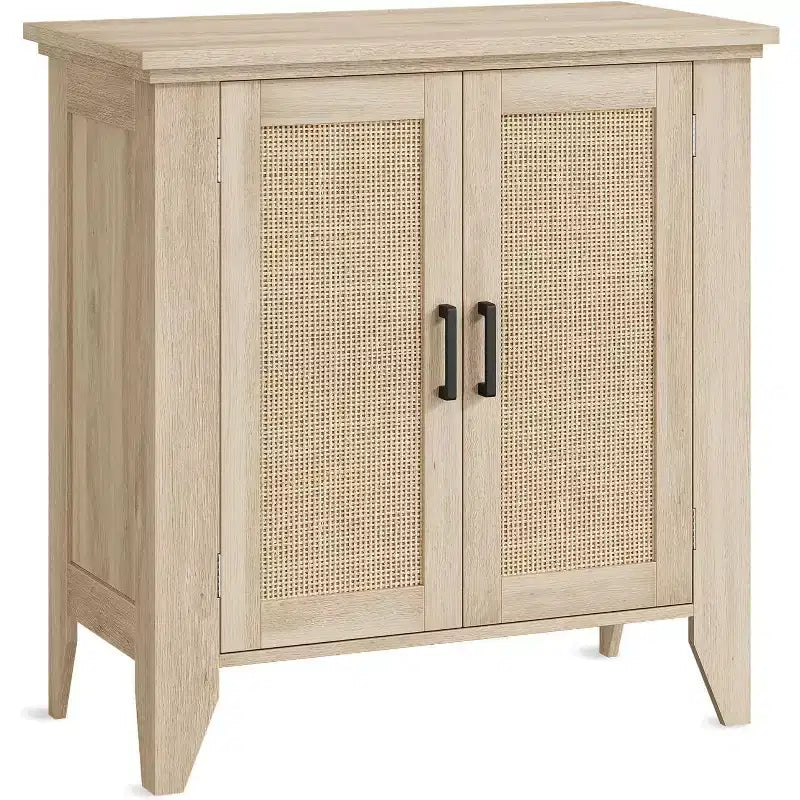 Buffet bas en rotin, Petit meuble de rangement avec portes et étagères, Commode en bois pour salon, salle à manger, cuisine, Chêne naturel