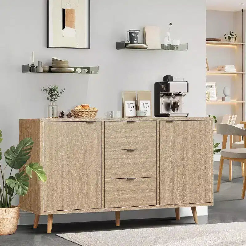 Buffet bas en rotin, Petit meuble de rangement avec portes et étagères, Commode en bois pour salon, salle à manger, cuisine, Chêne naturel