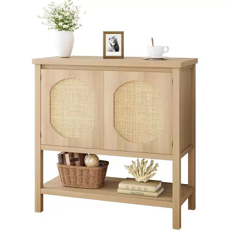 Buffet bas en rotin, Petit meuble de rangement avec portes et étagères, Commode en bois pour salon, salle à manger, cuisine, Chêne naturel